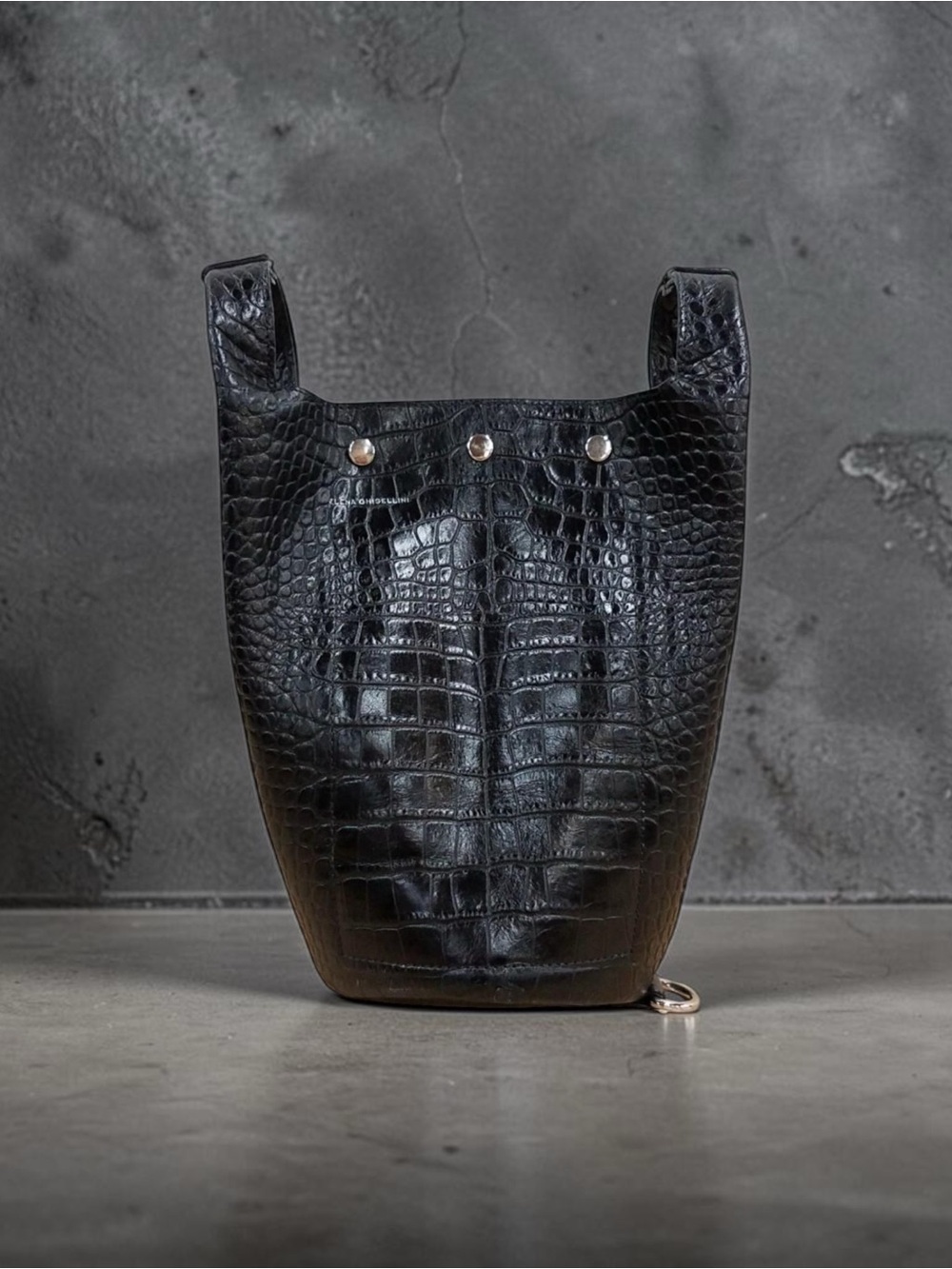 Elena Ghisellini Black Croc Embossed Leather Bucket Shoulder Bag Made in Italy